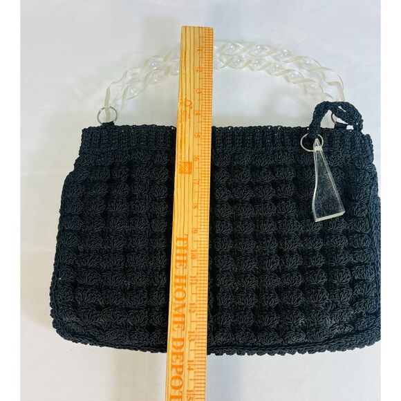 Vintage Mid Century Crochet Black Handbag Tote Satchel Lucite Handles EUC - Picture 10 of 10